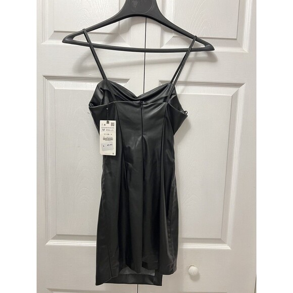 Zara Black Faux Leather Mini Dress NEW spaghetti Strap Zip Up Back Size Medium - Picture 9 of 11
